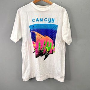 Vintage Cancun Mexico T Shirt L Adult White Bright Neon Graphic Fish Star Time